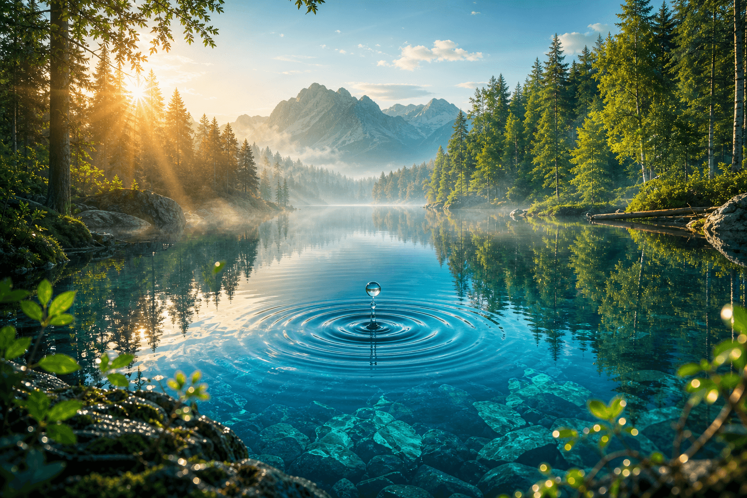 Pristine mountain lake with a water droplet creating ripples, surrounded by lush forest